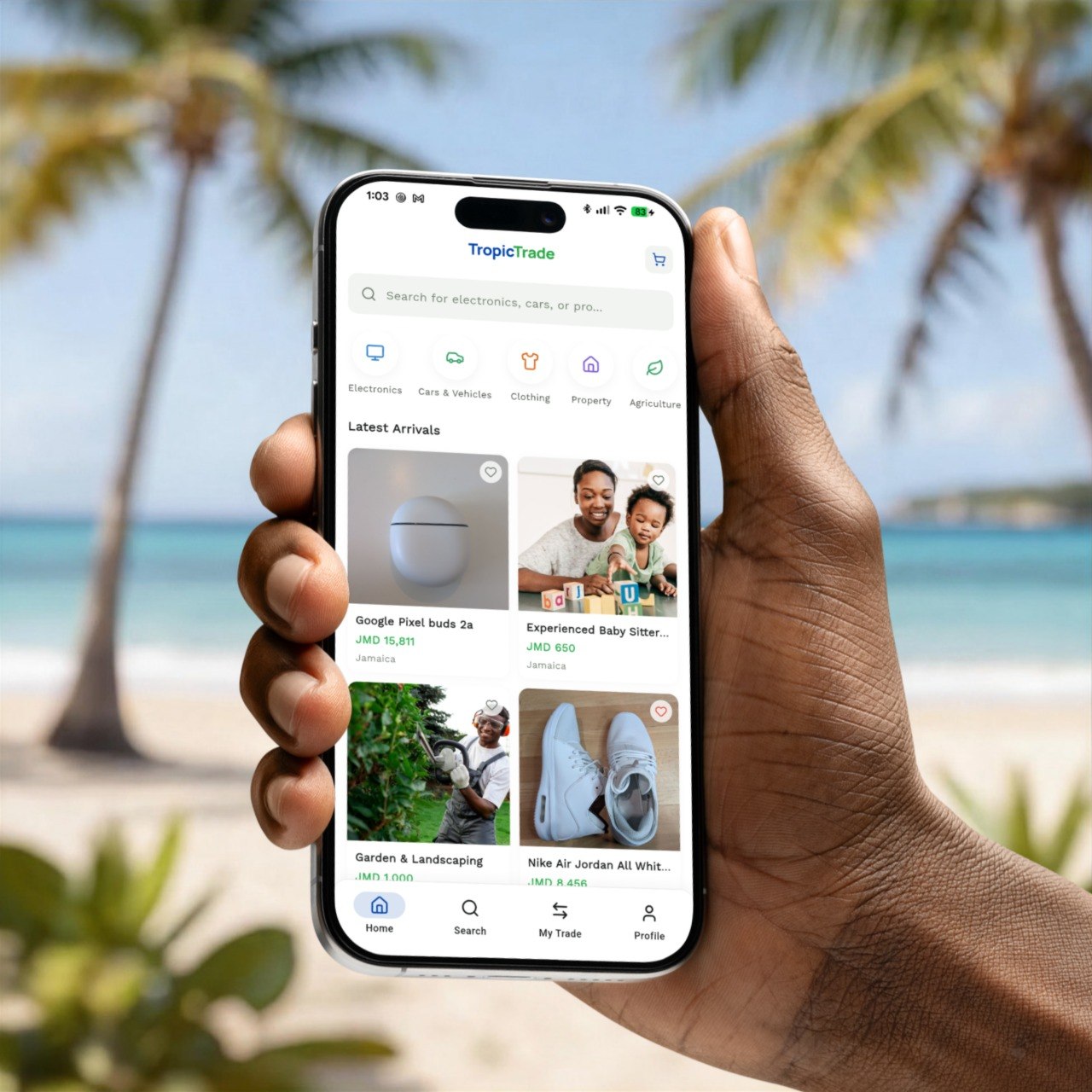 Tropic Trade marketplace app on a phone